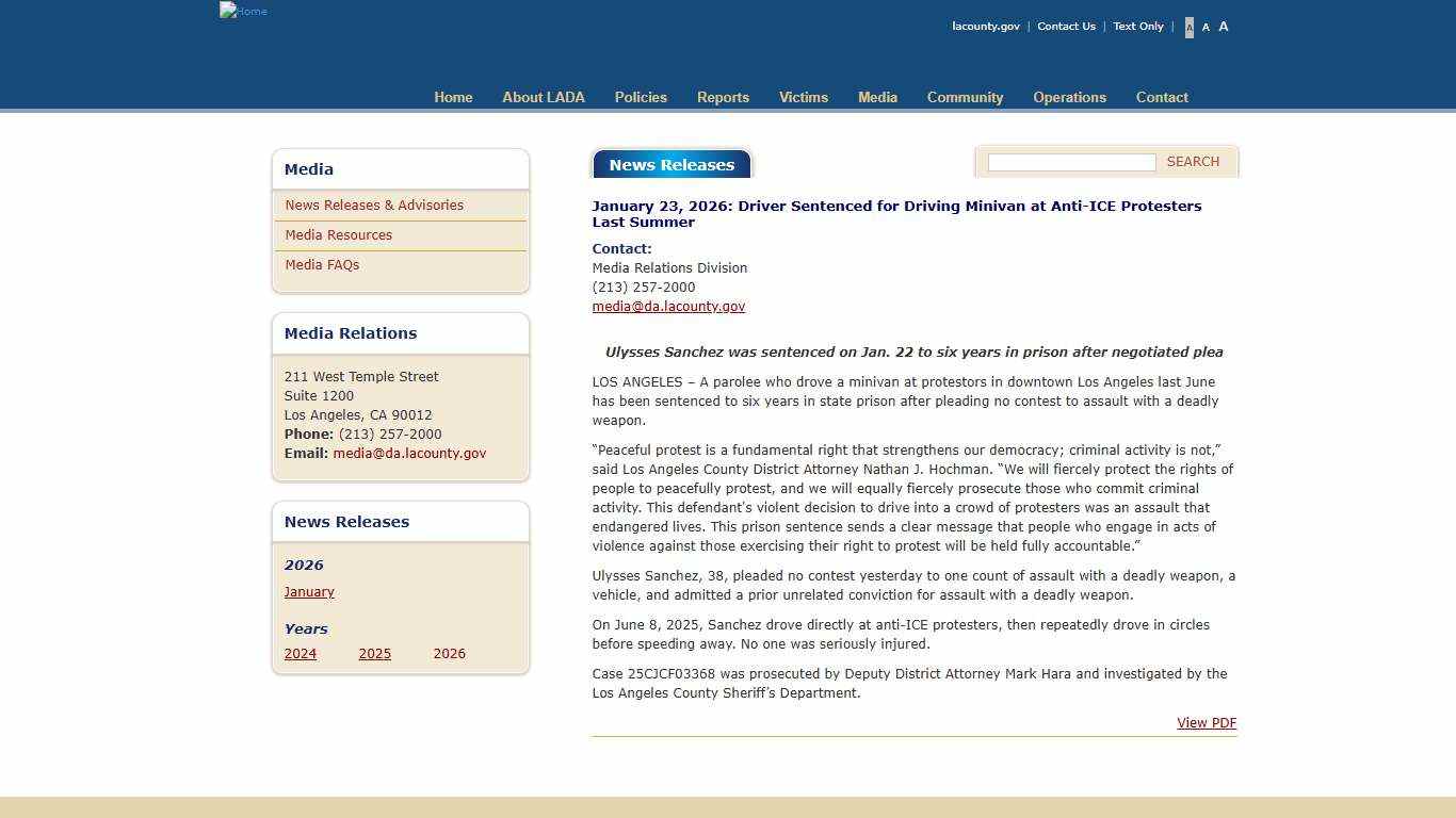 Driver Sentenced for Driving Minivan at Anti-ICE Protesters Last Summer Los Angeles County District Attorney's Office